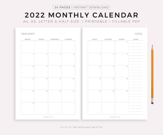 22 Monthly Calendar On Two Pages With Notes Printable Etsy 日本