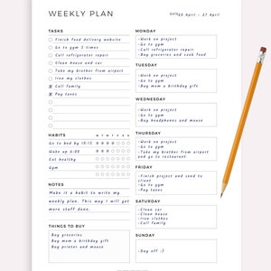 May include: A printable weekly planner with a black and white design. The planner includes sections for tasks, habits, notes, and things to buy. The planner is dated for the week of April 20th to April 27th.