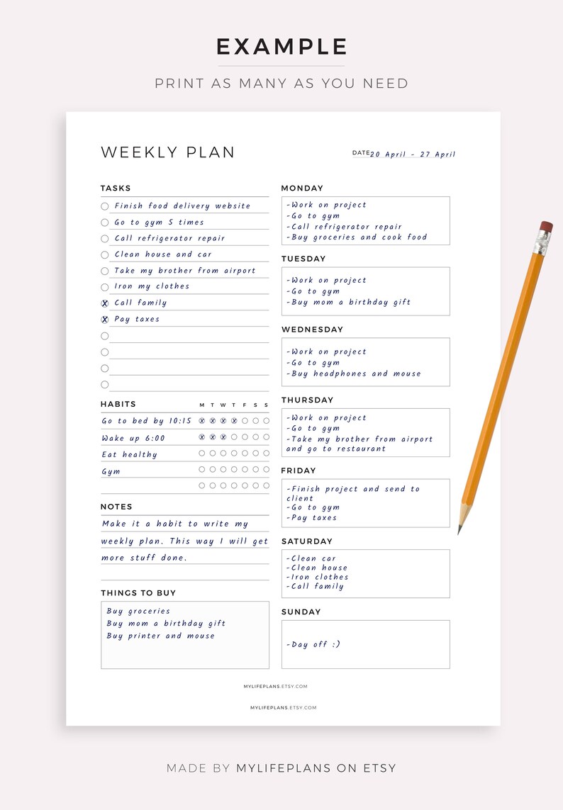 May include: A printable weekly planner with a black and white design. The planner includes sections for tasks, habits, notes, and things to buy. The planner is dated for the week of April 20th to April 27th.