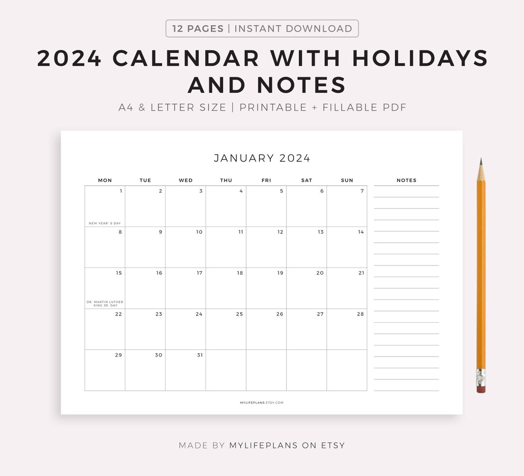 2024 Monthly Calendar With Holidays & Notes, Printable Calendar Template Fillable, Minimalist Calendar, Year Calendar, Landscape, A4/letter - Etsy