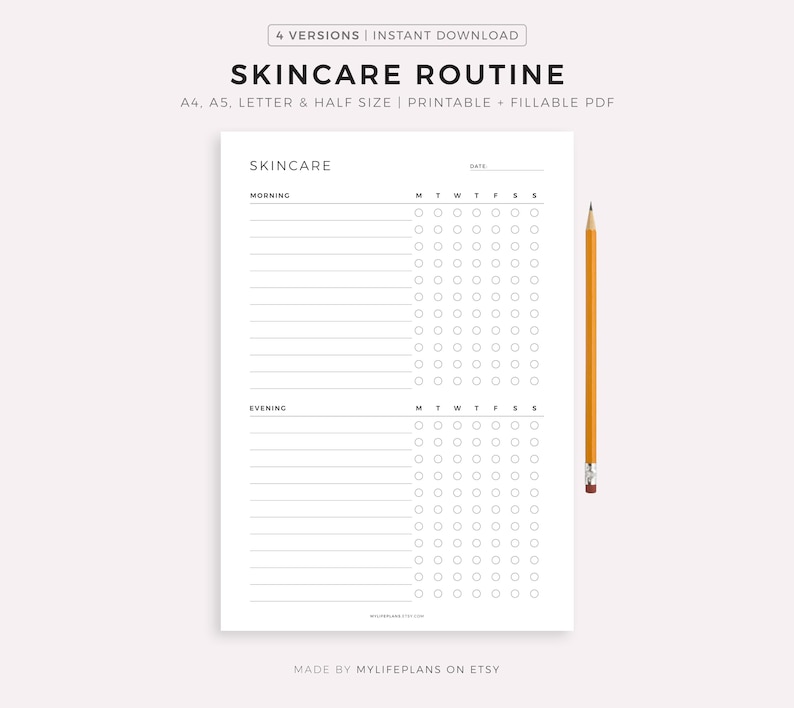 Skincare Routine Planner Printable, Beauty Planner, Daily Self Care Planner, A4/A5/Letter/Half Size, Instant Download image 1