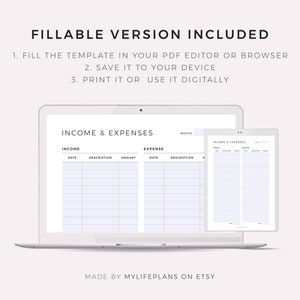 May include: A digital template for tracking income and expenses. The template is divided into two sections: income and expense. Each section has columns for date, description, and amount. The template is designed to be used in a PDF editor or browser.