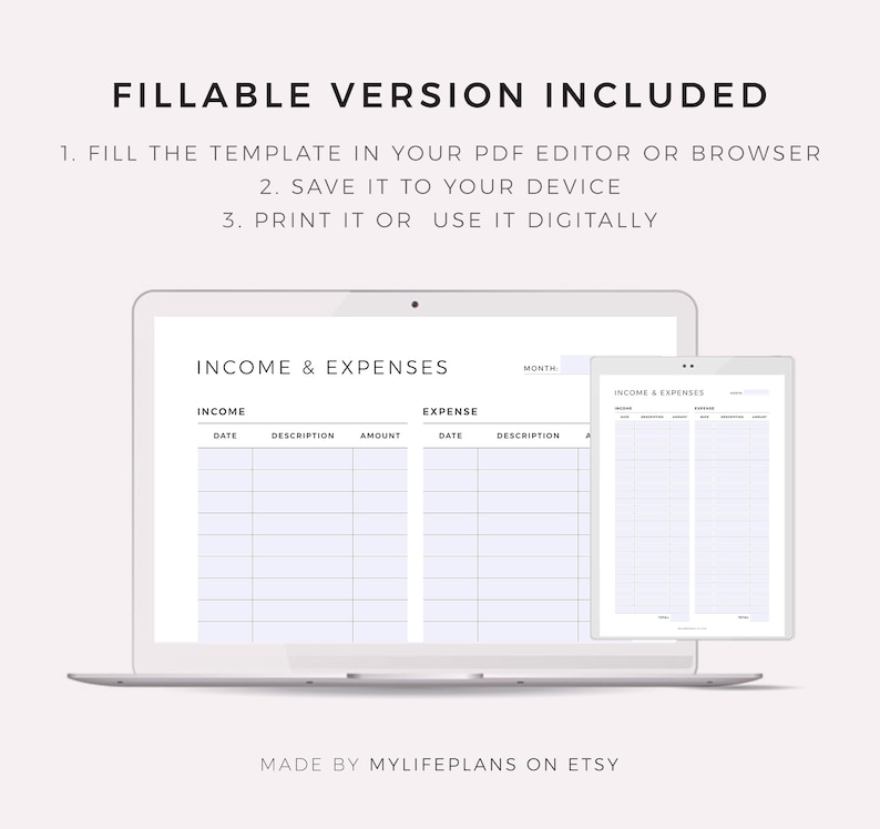May include: A digital template for tracking income and expenses. The template is divided into two sections: income and expense. Each section has columns for date, description, and amount. The template is designed to be used in a PDF editor or browser.