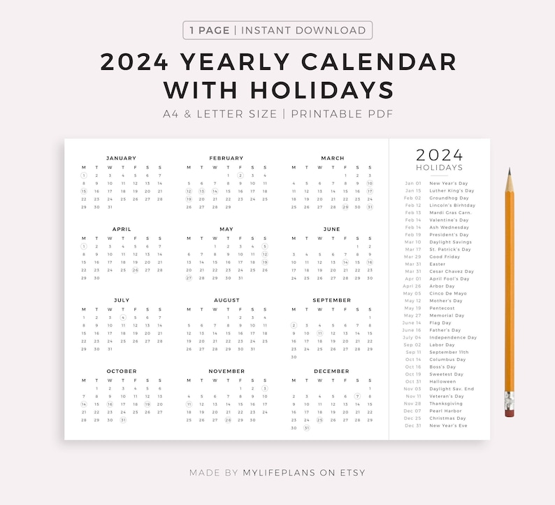 2024 Year Calendar with Holidays on One Page, Printable, Landscape, Wall Calendar, Desk Calendar, Sunday & Monday Start, A4/Letter image 1