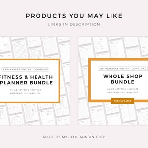 May include: Two digital planner bundles are shown, each in a gold-bordered white box. The "Fitness & Health Planner Bundle" includes 95 planners, and the "Whole Shop Bundle" includes 215+ planners. Both are printable and fillable PDFs.
