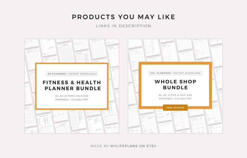 May include: Two digital planner bundles are shown, each in a gold-bordered white box. The "Fitness & Health Planner Bundle" includes 95 planners, and the "Whole Shop Bundle" includes 215+ planners. Both are printable and fillable PDFs.