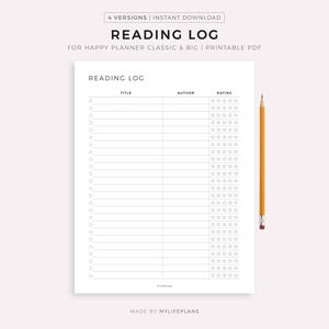 May include: A printable reading log titled "READING LOG". It features sections for title, author, and rating, with space for multiple entries. A yellow pencil is positioned on the right side of the page.