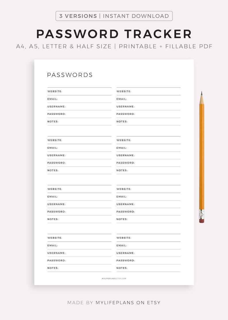 Password Tracker Printable & Fillable, Password Keeper, Password Organizer, Password Log, A4/A5/Letter/Half, Instant Download PDF image 2