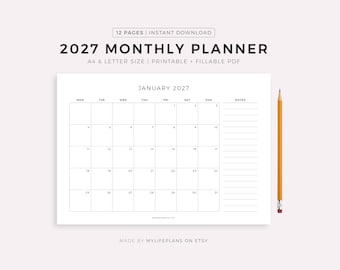 May include: A white 2027 monthly planner with a calendar grid for January. The planner includes space for notes and is accompanied by a yellow pencil. Text on the planner reads "12 PAGES | INSTANT DOWNLOAD" and "A4 & LETTER SIZE | PRINTABLE + FILLABLE PDF."