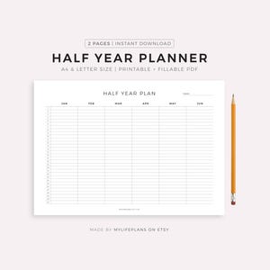 Halfjaarplanner afdrukbaar landschap, jaar op 2 pagina's, kalendersjabloon pdf, bureauplanner, muurplanner, A4/Letter, direct downloaden