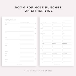 May include: A printable yearly planner with space for top 5 goals and action steps to take. The right side of the page has a monthly calendar with checkboxes for each day.