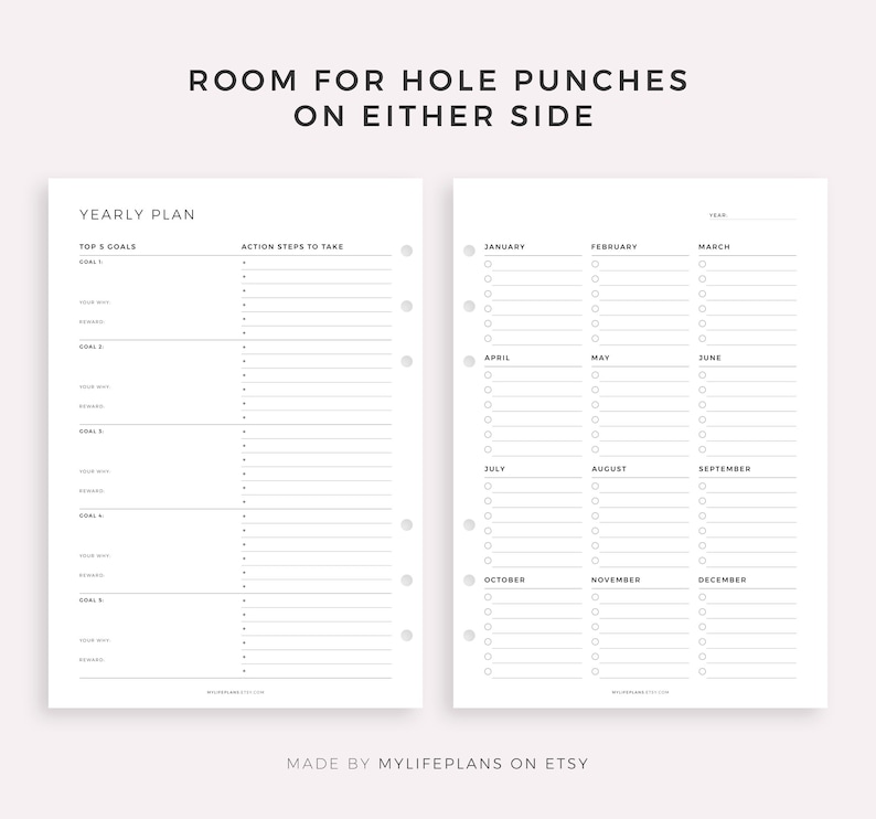 May include: A printable yearly planner with space for top 5 goals and action steps to take. The right side of the page has a monthly calendar with checkboxes for each day.
