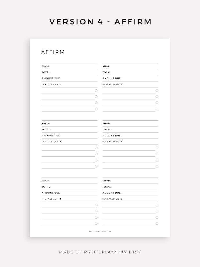 Pu&ograve; includere: Una pagina di pianificatore stampabile con il titolo "Affirm" e sezioni per elencare i nomi dei negozi, i totali, gli importi dovuti e le rate. La pagina &egrave; progettata per tenere traccia degli acquisti effettuati con Affirm.