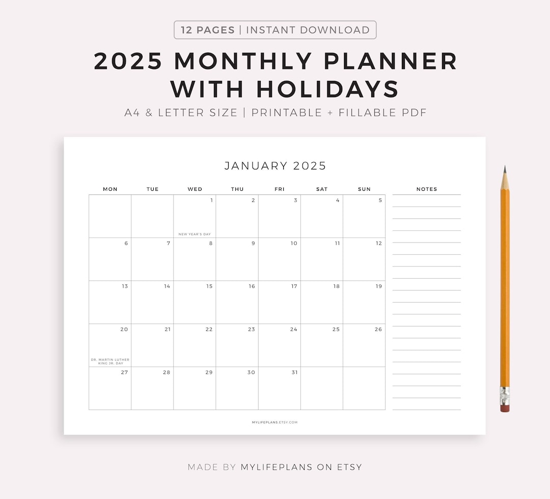 2025 Monthly Planner With Holidays, Monthly Organizer, Month at a