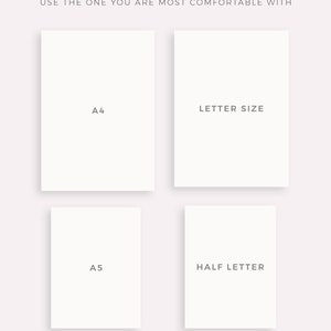 May include: A graphic displaying four paper sizes: A4, Letter Size, A5, and Half Letter. The text at the top says "AVAILABLE IN 4 SIZES" and "USE THE ONE YOU ARE MOST COMFORTABLE WITH." The Etsy shop name "MADE BY MYLIFEPLANS ON ETSY" is at the bottom.