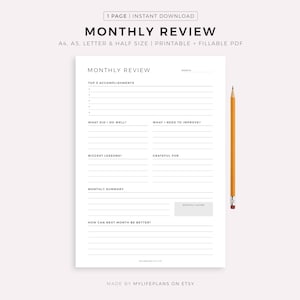 Monthly Review, Monthly Reflection, Monthly Evaluation, Monthly Summary, Printable Insert Template, A4/A5/Letter/Half, Instant Download PDF