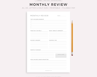 Monthly Review, Monthly Reflection, Monthly Evaluation, Monthly Summary, Printable Insert Template, A4/A5/Letter/Half, Instant Download PDF