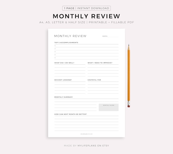 Monthly Review, Monthly Reflection, Monthly Evaluation, Monthly Summary, Printable Insert Template, A4/A5/Letter/Half, Instant Download PDF