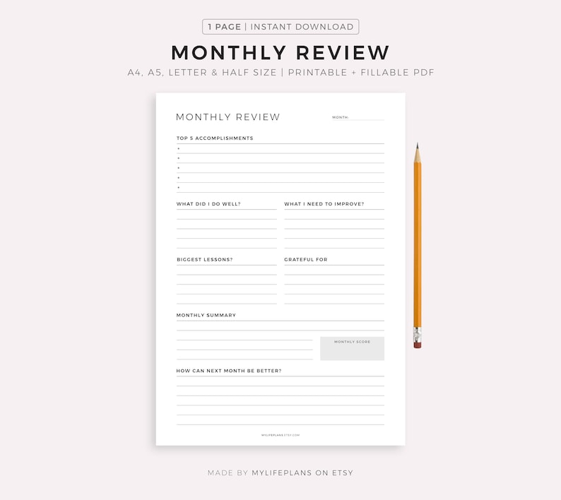 Monthly Review, Monthly Reflection, Monthly Evaluation, Monthly Summary, Printable Insert Template, A4/A5/Letter/Half, Instant Download PDF image 1