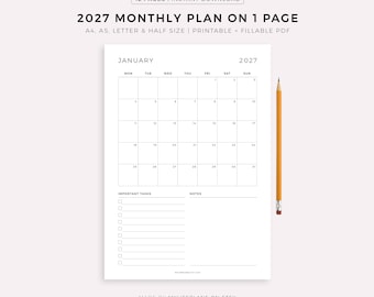 May include: A white printable 2027 monthly planner with a January calendar layout, important tasks section, and notes section. A yellow pencil rests on the right side. Text includes "2027 Monthly Plan on 1 Page" and "Made by Mylifeplans on Etsy."