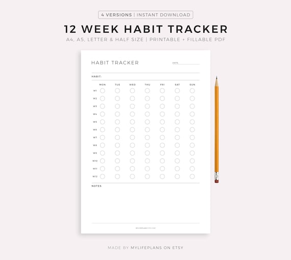 12 Week Habit Tracker Printable, Habit Planner, Routine Tracking, Habit Log, A4/A5/Letter/Half, Instant Download PDF