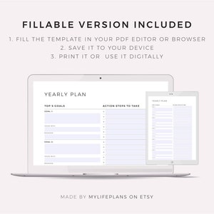 May include: A digital yearly planner template on a laptop screen. The template includes sections for top 5 goals, action steps to take, and a yearly plan. The text "YEARLY PLAN" is at the top of the template. The text "MADE BY MYLIFEPLANS ON ETSY" is at the bottom of the template.