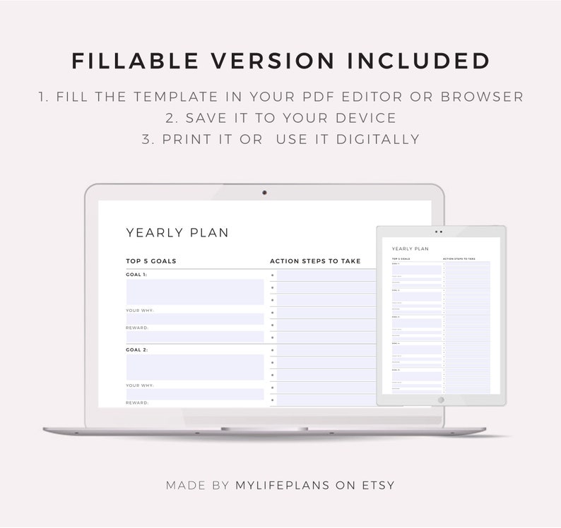 May include: A digital yearly planner template on a laptop screen. The template includes sections for top 5 goals, action steps to take, and a yearly plan. The text "YEARLY PLAN" is at the top of the template. The text "MADE BY MYLIFEPLANS ON ETSY" is at the bottom of the template.