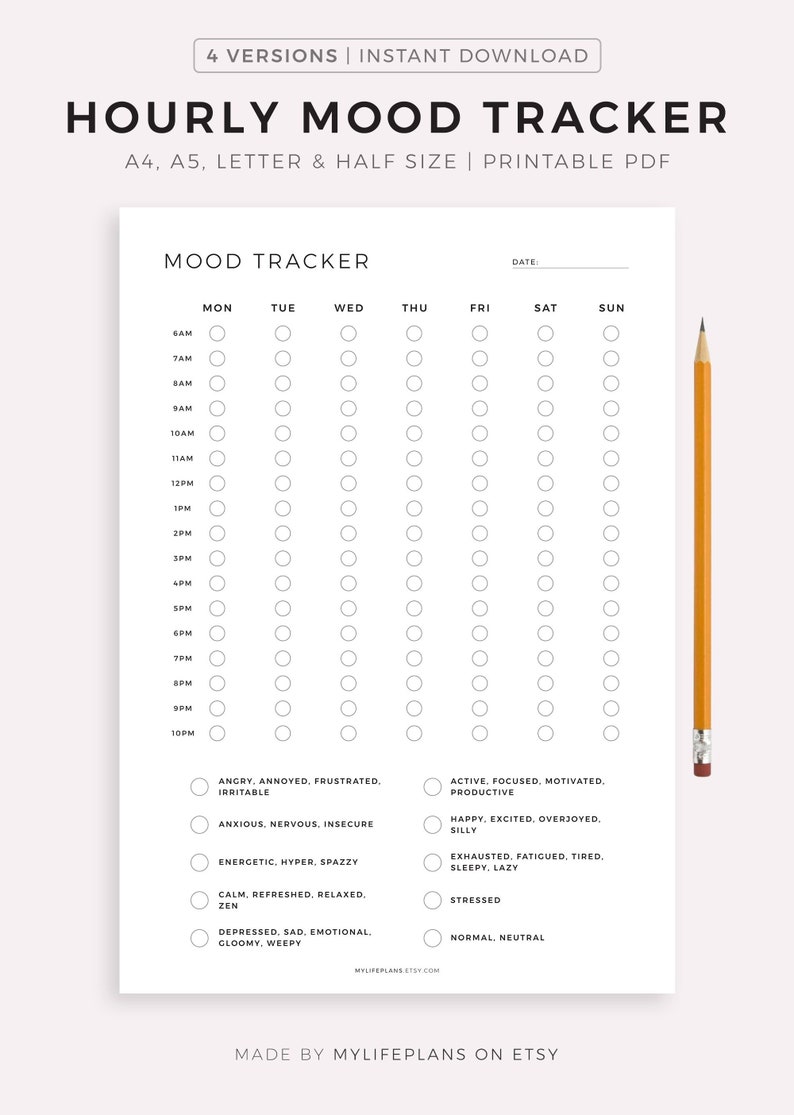 Hourly mood tracker printable weekly mood journal emotion etsy
