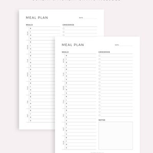 May include: Printable meal planner with two pages. The left page has a meal plan for Sunday through Saturday with columns for breakfast, lunch, and dinner. The right page has a meal plan for Monday through Sunday with columns for breakfast, lunch, and dinner. Both pages have a section for groceries and a notes section.