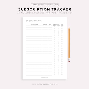 Subscription Tracker Printable, Membership Checklist, Expense Tracker, Budget Template, A4/A5/Letter/Half Size, Instant Download PDF