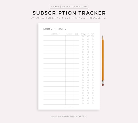 Subscription Tracker Printable, Membership Checklist, Expense Tracker, Budget Template, A4/A5/Letter/Half Size, Instant Download PDF