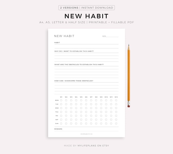 Build a New Habit Planner, 12 Week Habit Tracker Journal, New Routine Tracking, A4/A5/Letter/Half, Printable & Fillable PDF