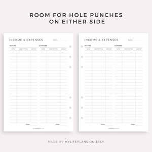 May include: Two printable pages for a budget planner. The pages are divided into two columns, one for income and one for expenses. Each column has a date, description, and amount section. The pages are designed to be punched with holes on either side.