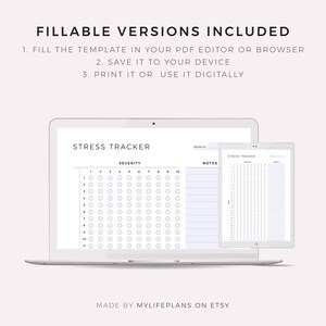 May include: A digital printable stress tracker template with a severity scale from 1 to 10. The template is displayed on a laptop and tablet screen. The text "STRESS TRACKER" is at the top of the template. The text "MONTH" is at the top of the template. The text "NOTES" is at the top of the template. The text "MADE BY MYLIFEPLANS ON ETSY" is at the bottom of the template.