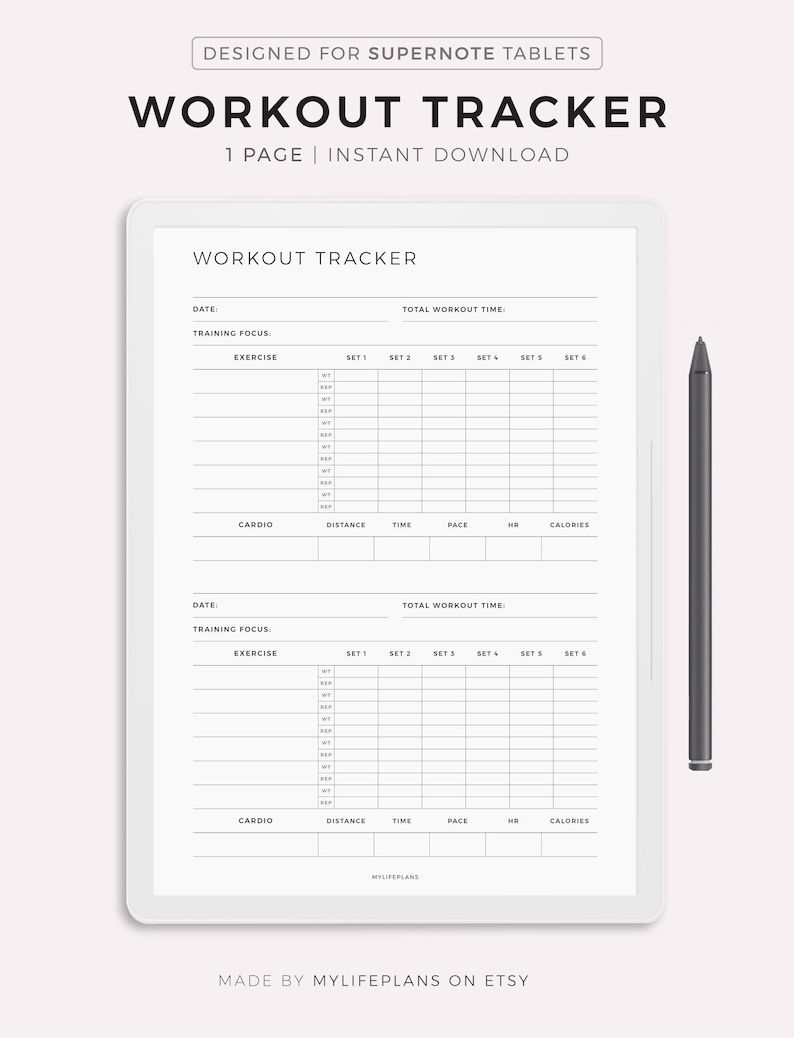 Puede incluir: Un rastreador de entrenamiento imprimible en blanco y negro dise&ntilde;ado para tabletas Supernote. El rastreador incluye secciones para la fecha, el enfoque de entrenamiento, el ejercicio, las series, el cardio, la distancia, el tiempo, el ritmo, la frecuencia card&iacute;aca y las calor&iacute;as. El texto "WORKOUT TRACKER" est&aacute; en la parte superior de la p&aacute;gina.