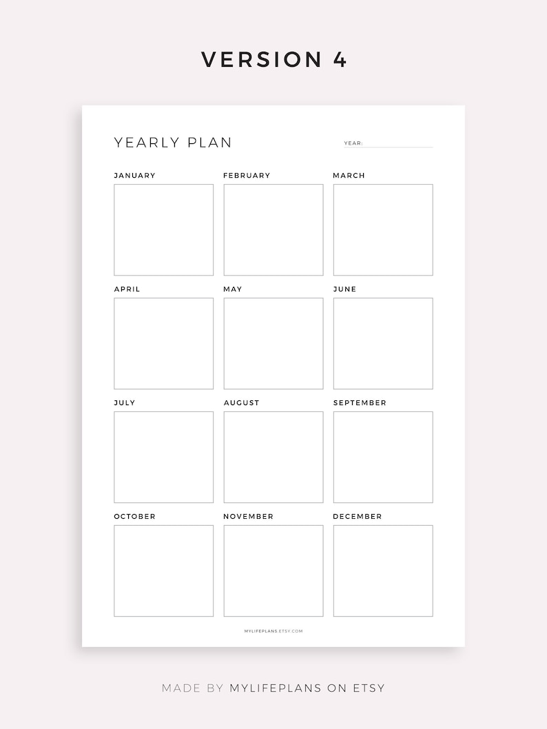 Puede incluir: Una plantilla de plan anual minimalista con fondo blanco. El dise&ntilde;o incluye casillas etiquetadas para cada mes, con espacio para escribir el a&ntilde;o. El texto "VERSION 4", "YEARLY PLAN" y el nombre de la tienda Etsy son visibles.