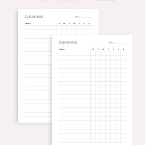 May include: Printable cleaning checklist with two versions. The first version has a list of tasks with a blank space for the date and a grid for the days of the week starting with Sunday. The second version has a list of tasks with a blank space for the date and a grid for the days of the week starting with Monday.