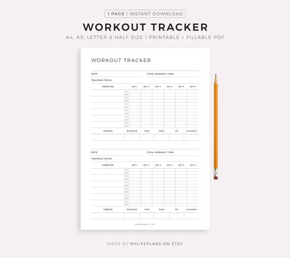 Workout Tracker Printable, Daily Exercise Log, Fitness Journal, Workout Planner, Fitness Planner, A4/A5/Letter/Half Size, Instant Download