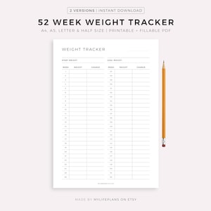 52 Wochen Gewicht-Tracker zum Ausdrucken & Ausfüllen, Gewichtsverlust-Tracker, Gewicht-Tracker, Gewicht-Journal, A4/A5/Letter/halbe Größe, Instant Download PDF