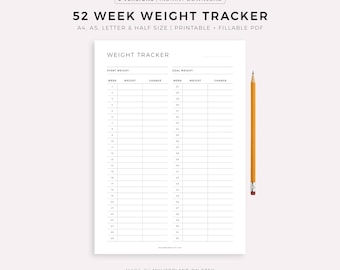 52 Week Weight Tracker Printable & Fillable, Weight Loss Tracker, Weight Log, Weight Journal, A4/A5/Letter/Half Size, Instant Download PDF
