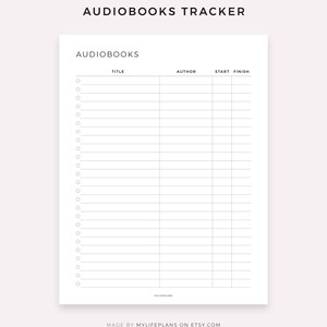 May include: A black and white printable audiobook tracker with columns for title, author, start date, and finish date. The tracker has a simple design with a check box at the beginning of each row.
