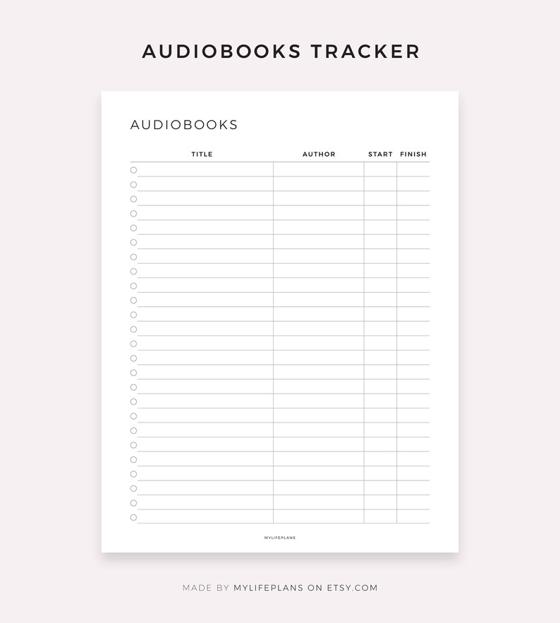 May include: A black and white printable audiobook tracker with columns for title, author, start date, and finish date. The tracker has a simple design with a check box at the beginning of each row.
