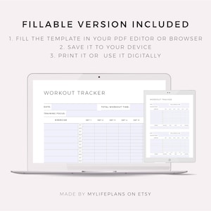 May include: A digital printable workout tracker template on a laptop screen. The template includes sections for date, training focus, exercise, sets, and total workout time. The text "WORKOUT TRACKER" is at the top of the template.