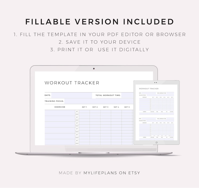 May include: A digital printable workout tracker template on a laptop screen. The template includes sections for date, training focus, exercise, sets, and total workout time. The text "WORKOUT TRACKER" is at the top of the template.