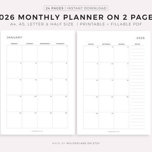 2026 Monthly Planner Printable, Dated Month on 2 Pages, 2026 Calendar, Month At a Glance, A4/A5/Letter/Half, Instant Download