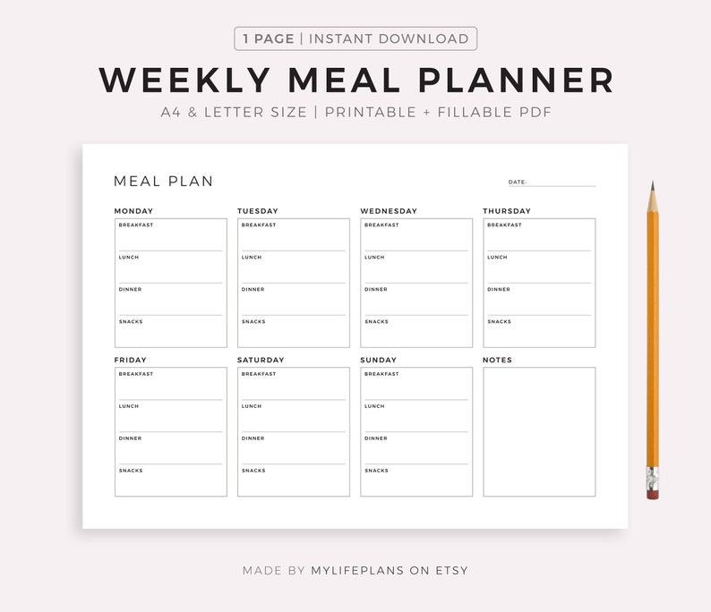 Printable Weekly Meal Planner Landscape Food Diary Meal - Etsy