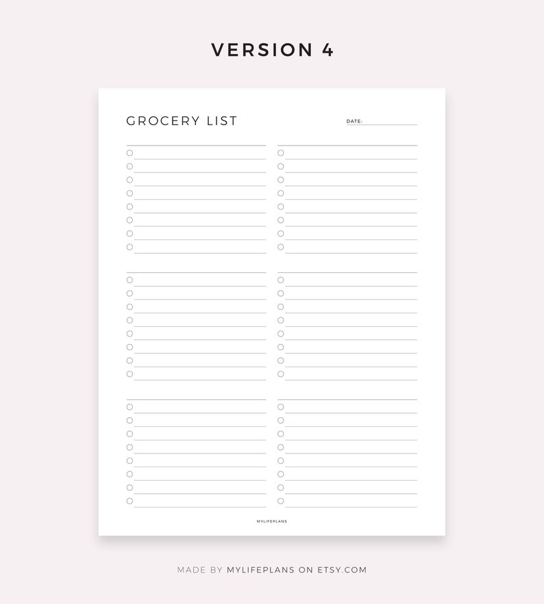 Op de afbeelding: Een printbare boodschappenlijst-sjabloon met twee kolommen en 20 regels aan elke kant. Het sjabloon heeft een titel die "Grocery List" zegt en een ruimte voor de datum. De onderkant van het sjabloon zegt "MyLifePlans" en "Made by MyLifePlans on Etsy.com".