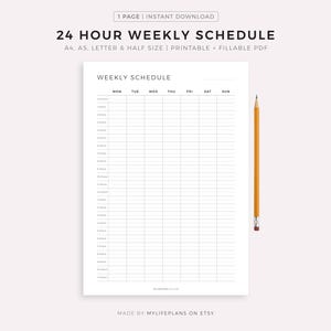 24 Hour Weekly Schedule, Week At a Glance, Weekly Agenda, Weekly Planner Printable PDF, Weekly To Do List, A5/A4/Letter/Half Letter image 1