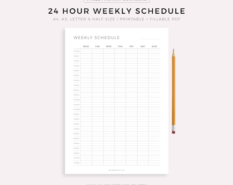 24 Hour Weekly Schedule, Week At a Glance, Weekly Agenda, Weekly Planner Printable PDF, Weekly To Do List, A5/A4/Letter/Half Letter