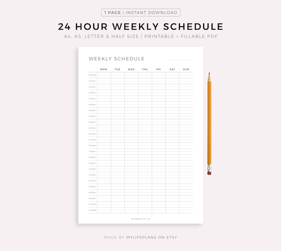 24 Hour Weekly Schedule, Week At a Glance, Weekly Agenda, Weekly Planner Printable PDF, Weekly To Do List, A5/A4/Letter/Half Letter